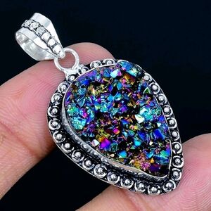 Titanium Aura Quartz Druzy Gemstone 925 Sterling Silver Pendant Necklace